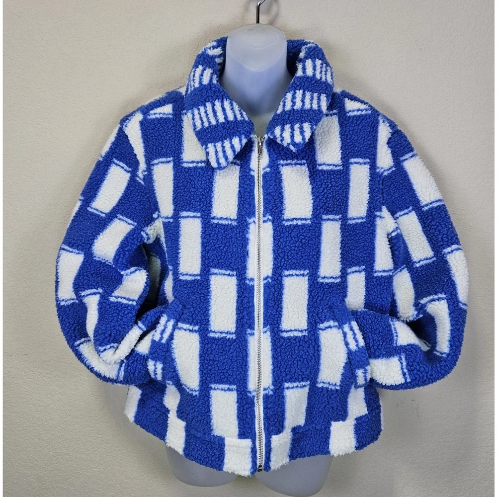 Mother Revolve Kickstand Jacket S Ice Cube Sherpa Coat Checkered Blue White Cozy - Picture 3 of 16